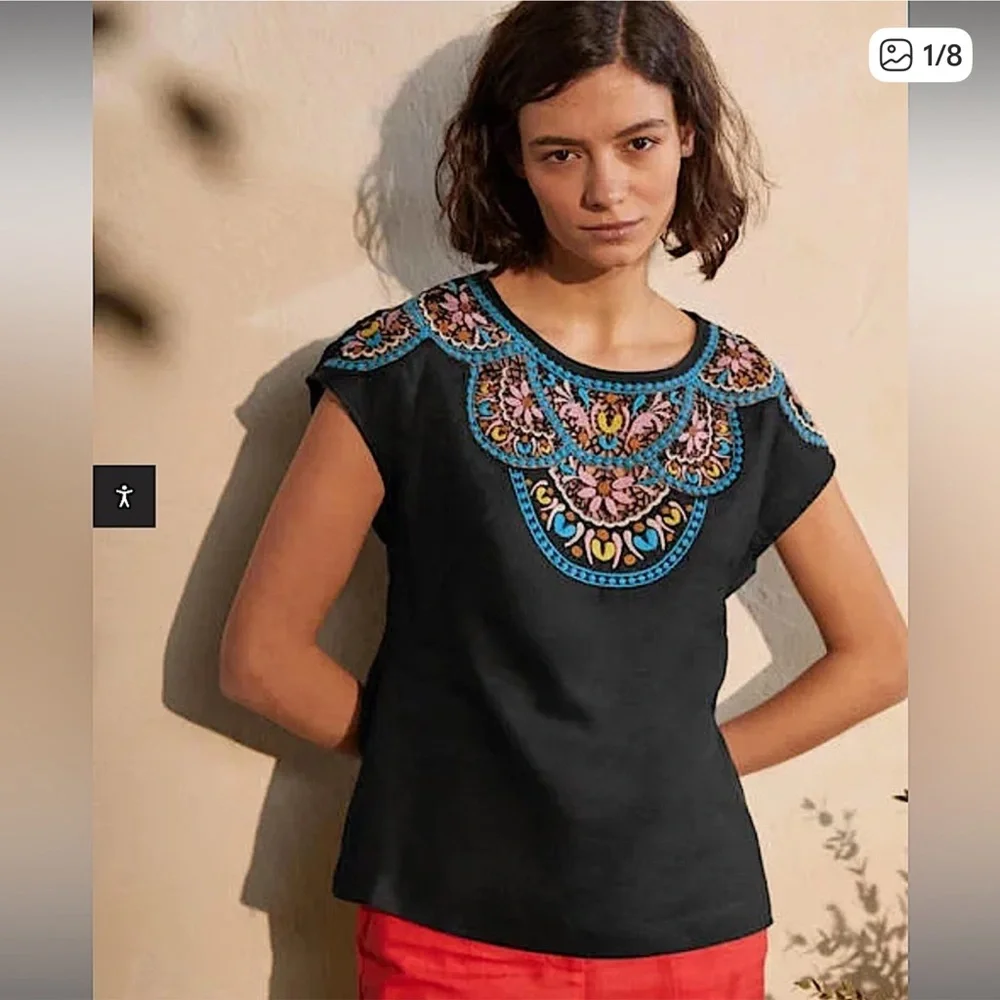 NWOT Boden Fleur Black Linen Embroidered Blouse - Picture 6 of 11